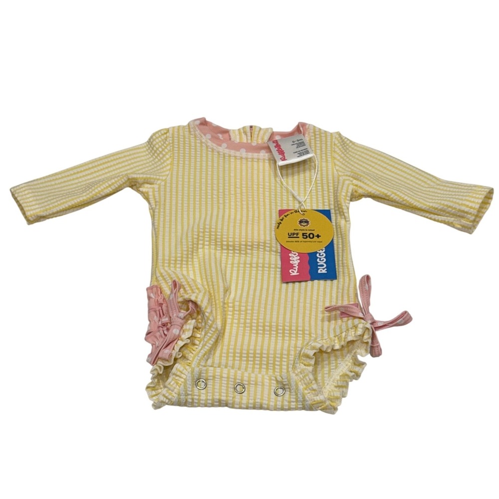 NEW RuffleButts Rash Guard Swimsuit Baby 0-3M Yellow Seersucker Ruffle UPF50+